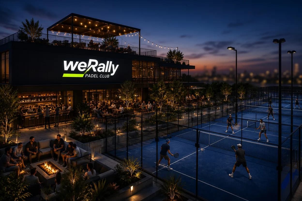 Concept rendering of the weRally club at night: a branded facade above a terrace lounge with a fire pit, floodlit blue padel courts behind glass, and a city skyline blurred in the distance.