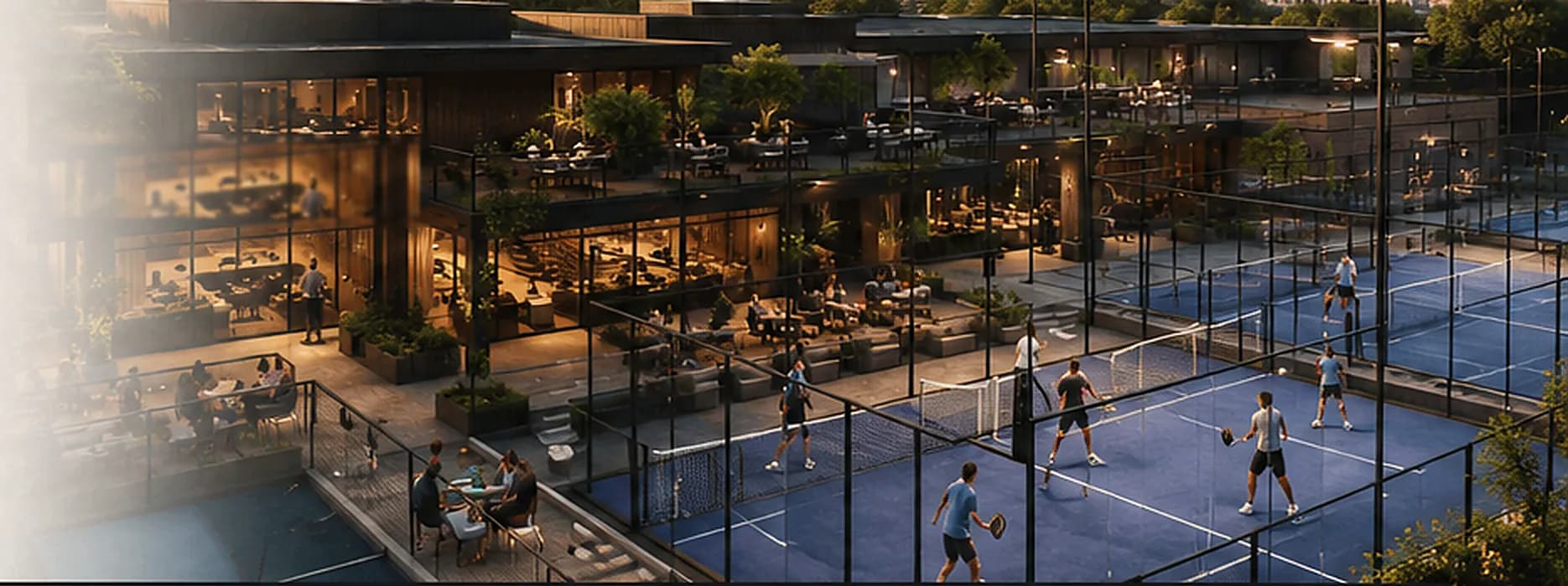 Concept rendering of the weRally club at dusk: four glass-walled padel courts beside a lit pavilion, with players on court and people gathered on the terrace.