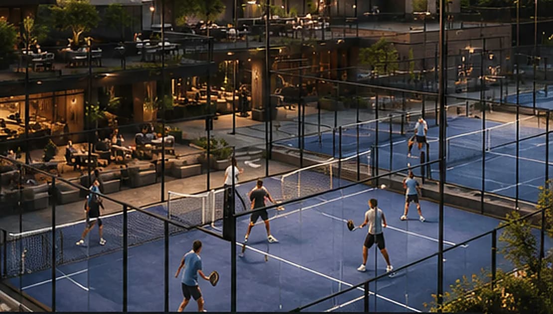 Concept rendering: padel players mid-rally on floodlit outdoor courts at dusk, spectators watching from the terrace.