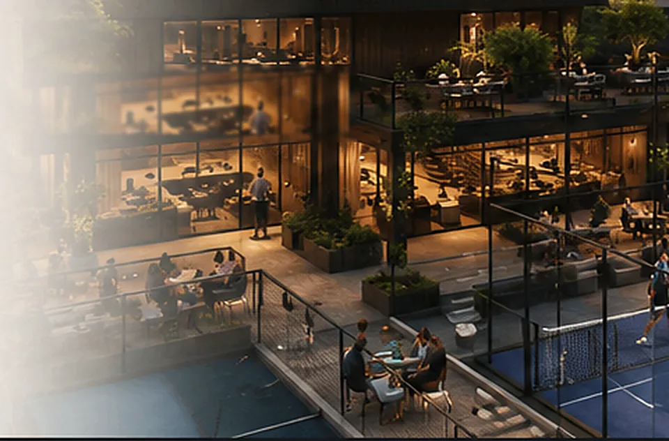 Concept rendering: the club terrace and lounge in the evening, people seated at tables beside the courts.